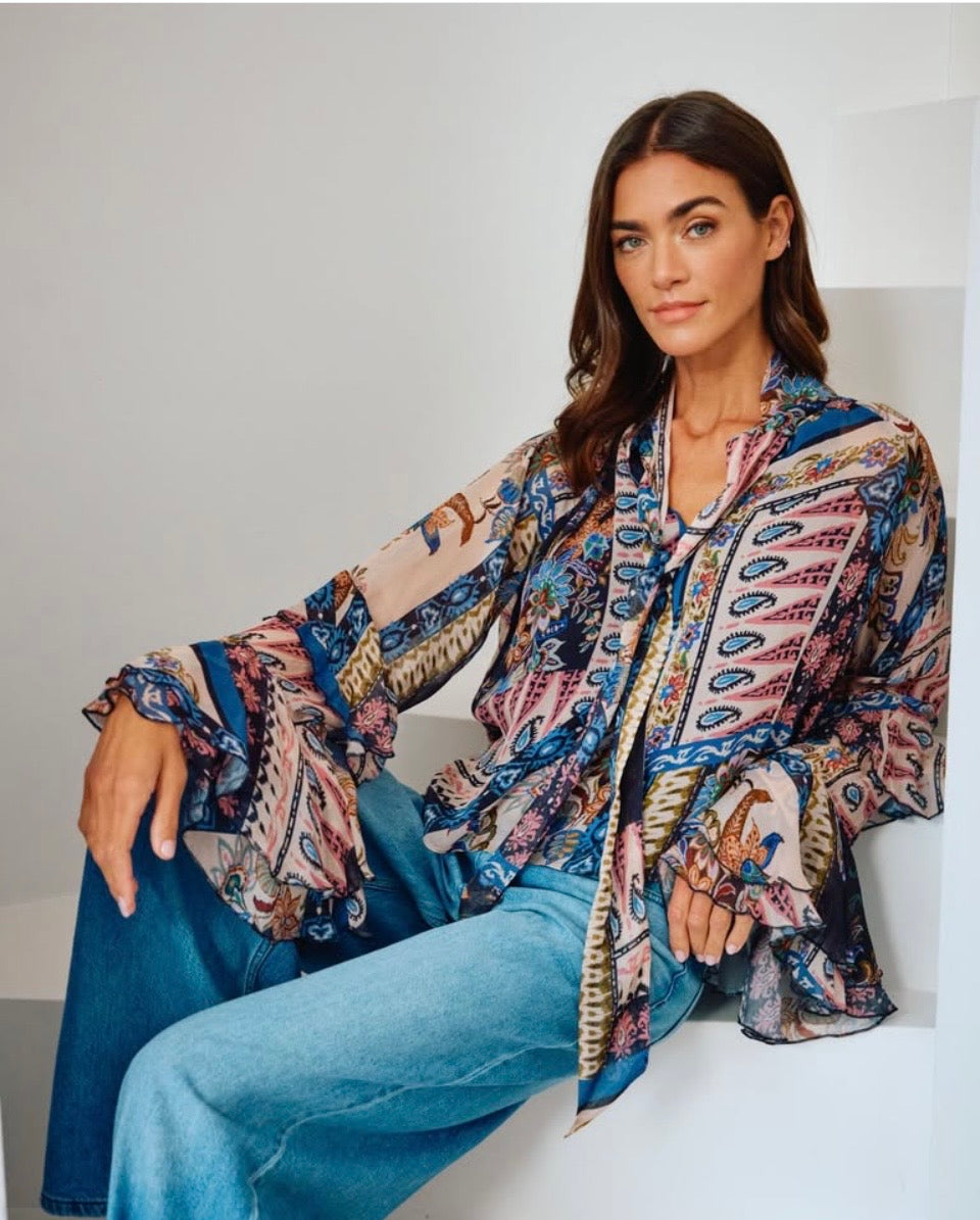 Milano 63-6554-3781 Navy Paisley Print Blouse With Tie .