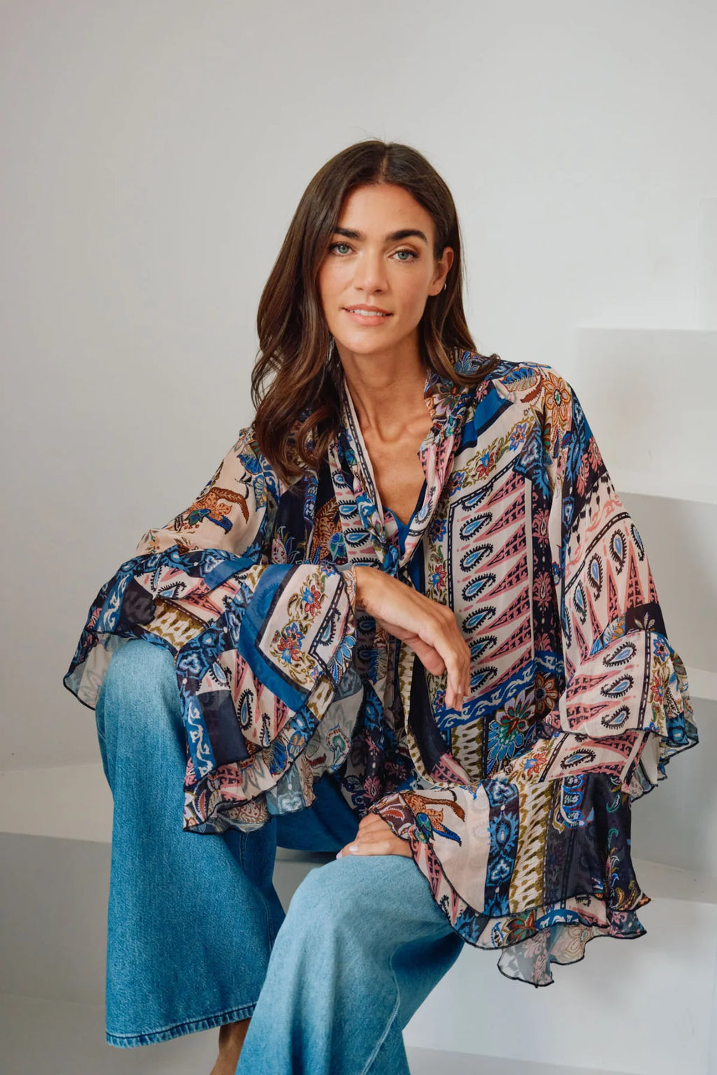 Milano 63-6554-3781 Navy Paisley Print Blouse With Tie .