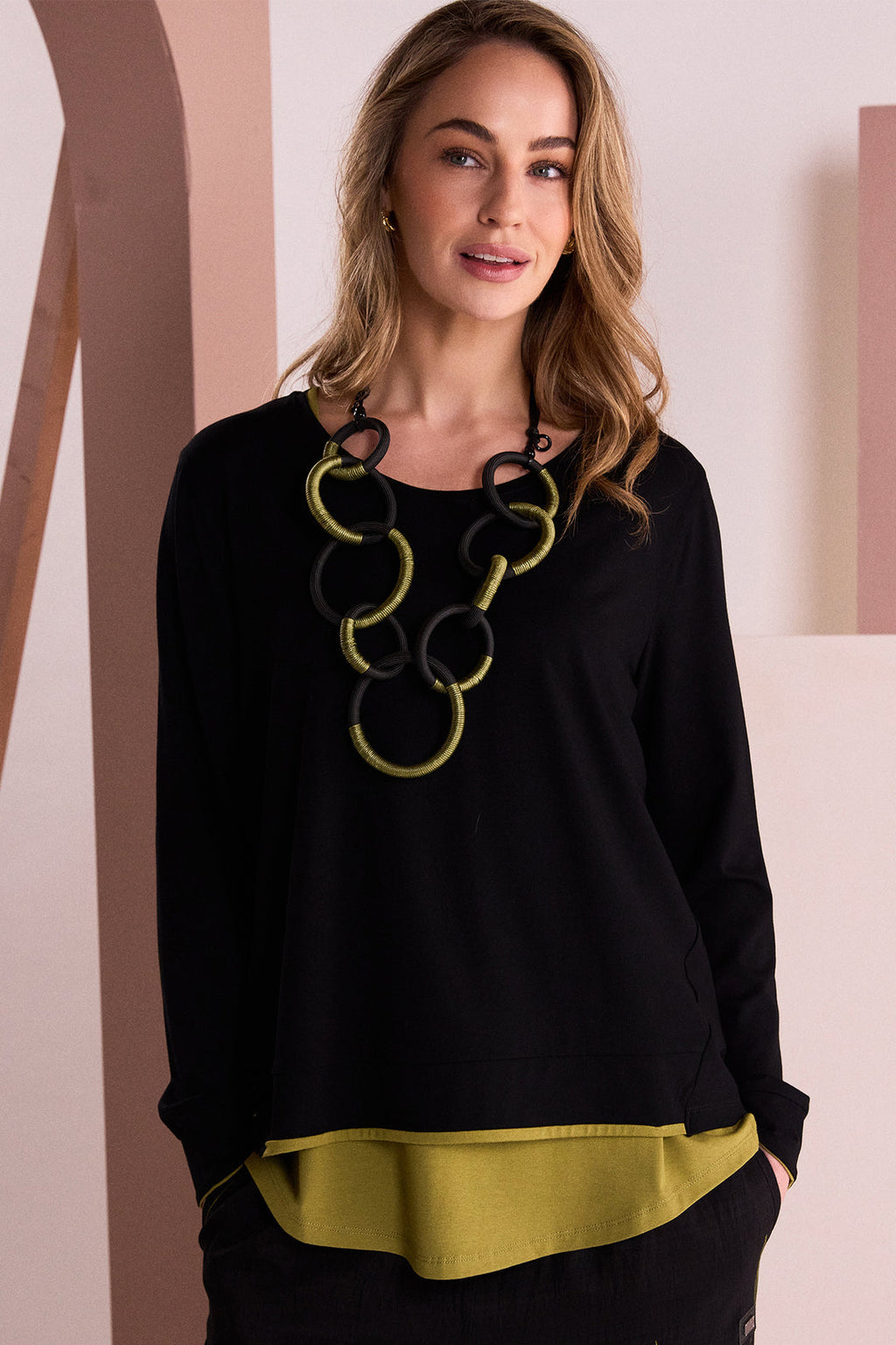 Naya Placement Print Top With Front Angle Seam - avacado/black