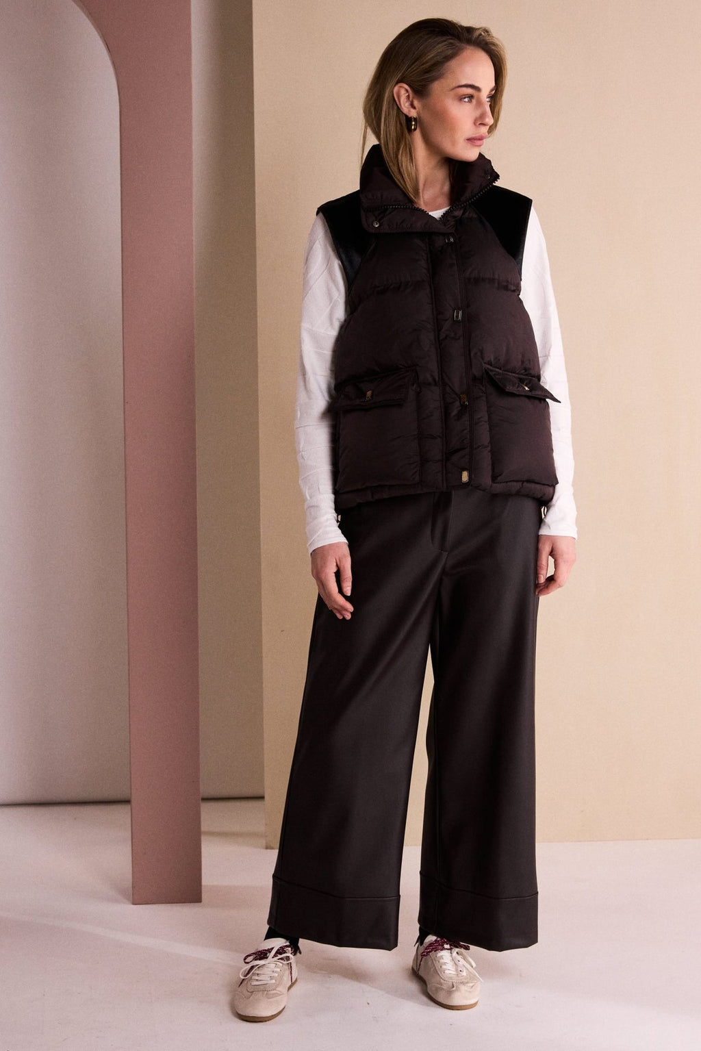 NAYA Quilted Waistcoat with Drawstring Hem With Contrast Shoulder NAW26176 -choko