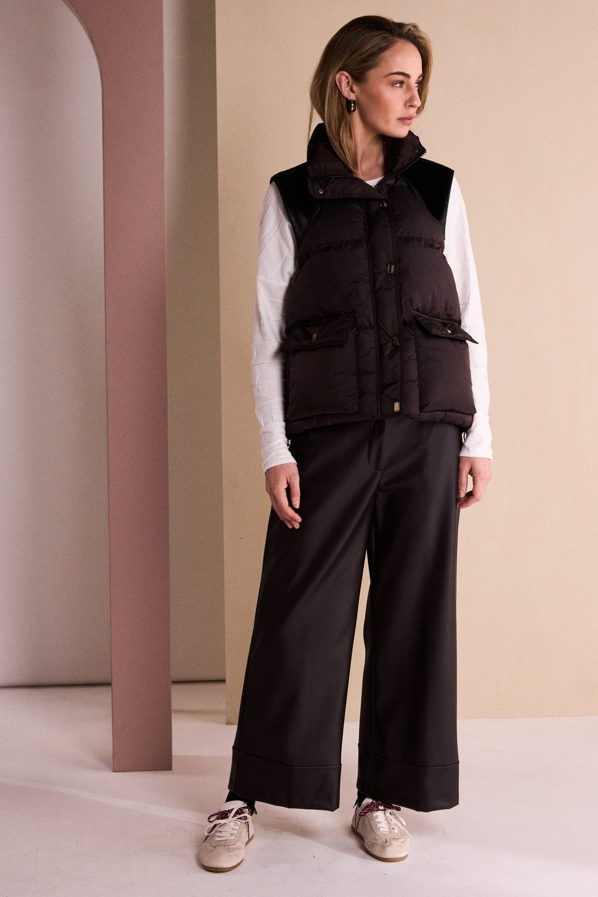 NAYA Quilted Waistcoat with Drawstring Hem With Contrast Shoulder NAW26176 -choko