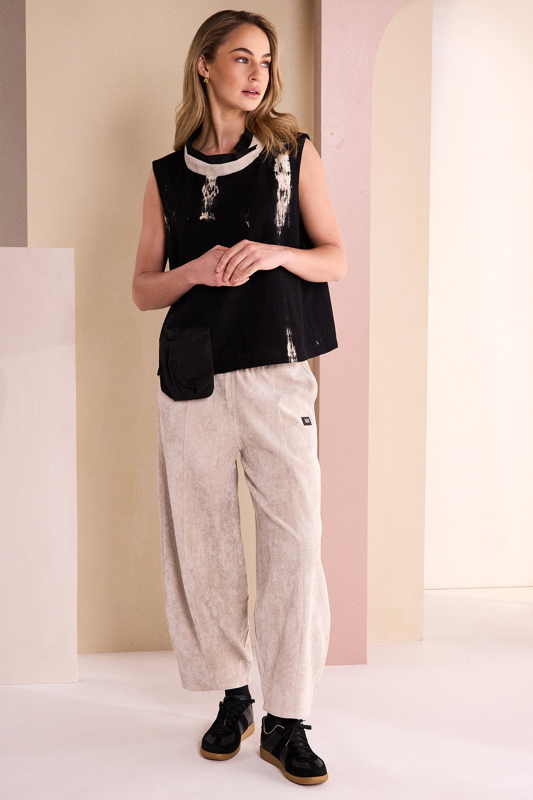 NAYA Sleeveless Placement Print Top WithCordedBand at Neckline NAW26245 - black/stone