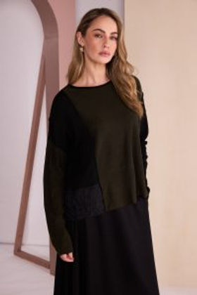 NAYA Mixed Section Knit Round Neck Top - thyme/black