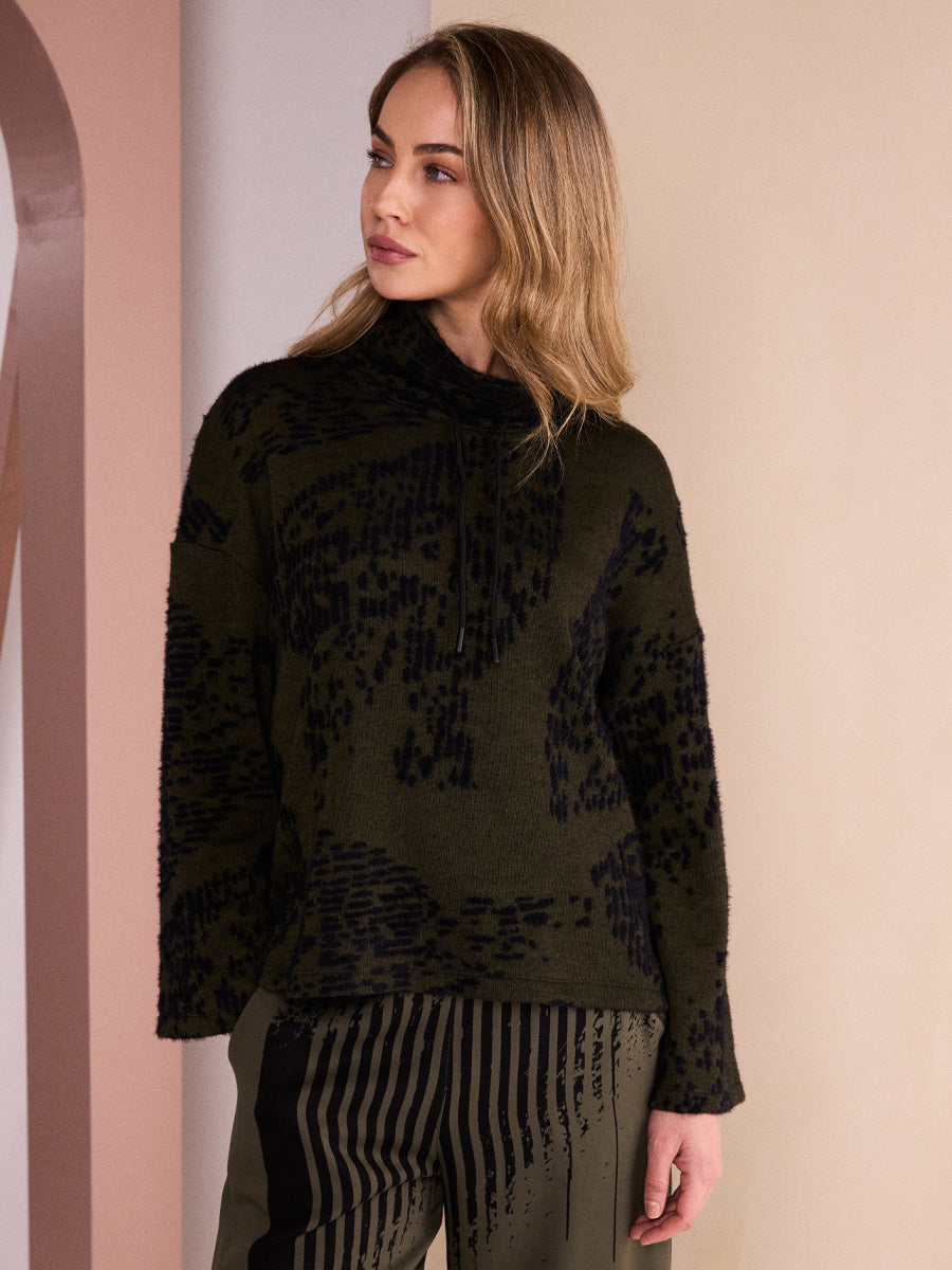 NAYA Flocked Placement Print High NeckKnit Top - black/thyme
