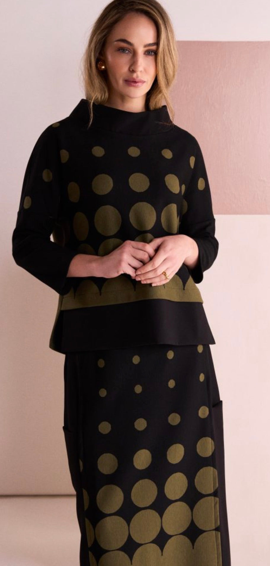 NAYA Spot Border Print High Neck Top NAW26265 - black/avacado
