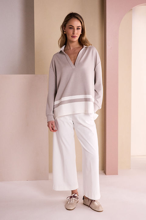 NAYA Placket Top With Collar And Contrast Hem Bands 26134