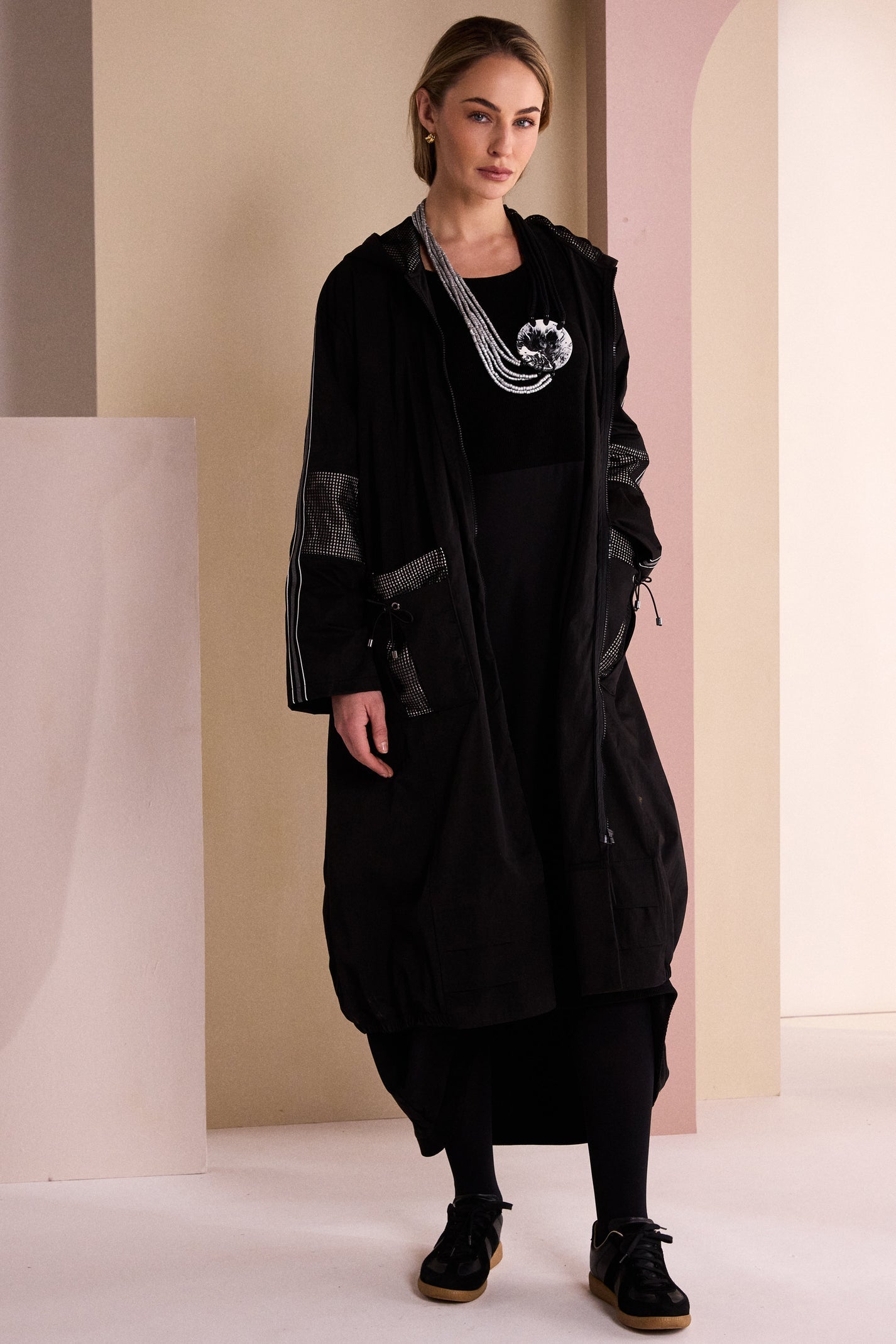 NAYA Hooded Coat With Mesh Inset - black/ stone