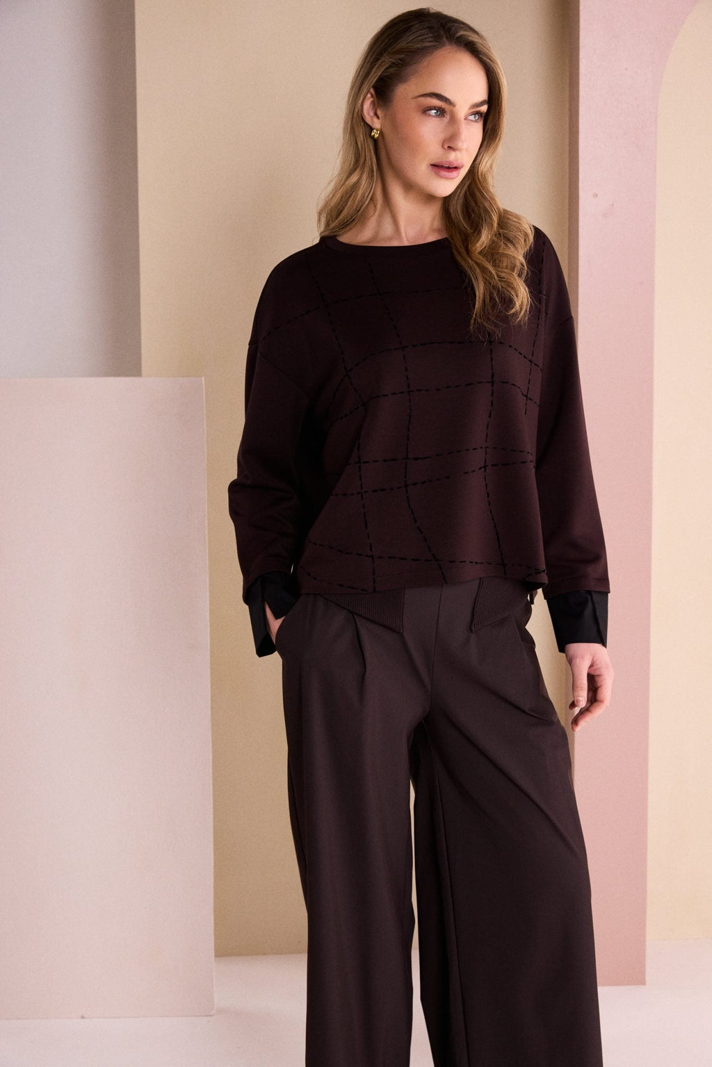 NAYA Round Neck Top With Flocking Stitch Detail NAW26316- black/choko