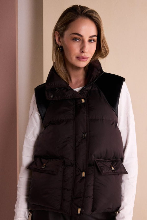 NAYA Quilted Waistcoat with Drawstring Hem With Contrast Shoulder NAW26176 -choko