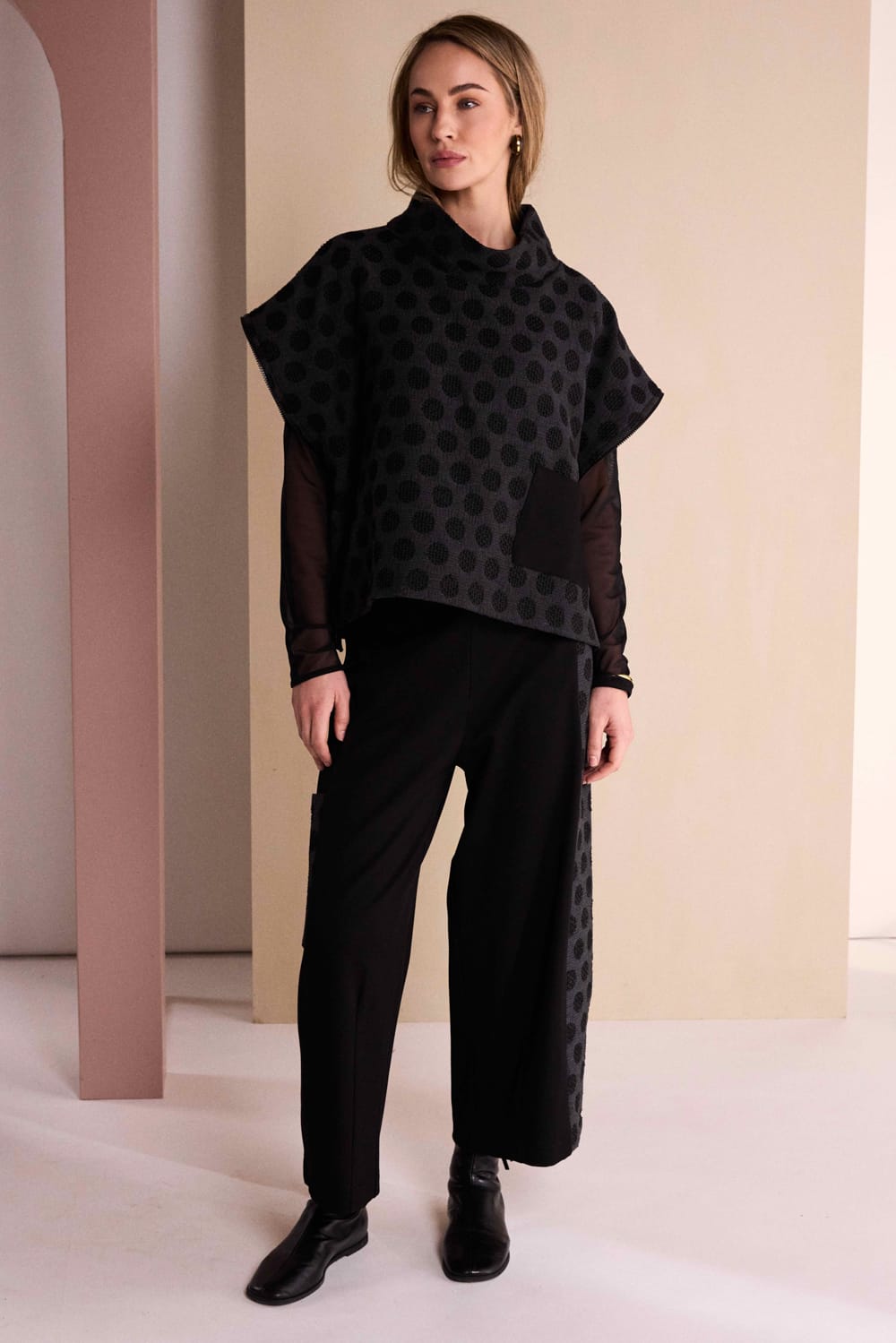 NAYA Wide Leg Trouser With Jaquard Spot Side Panel And Pocket NAW26274- black/grey
