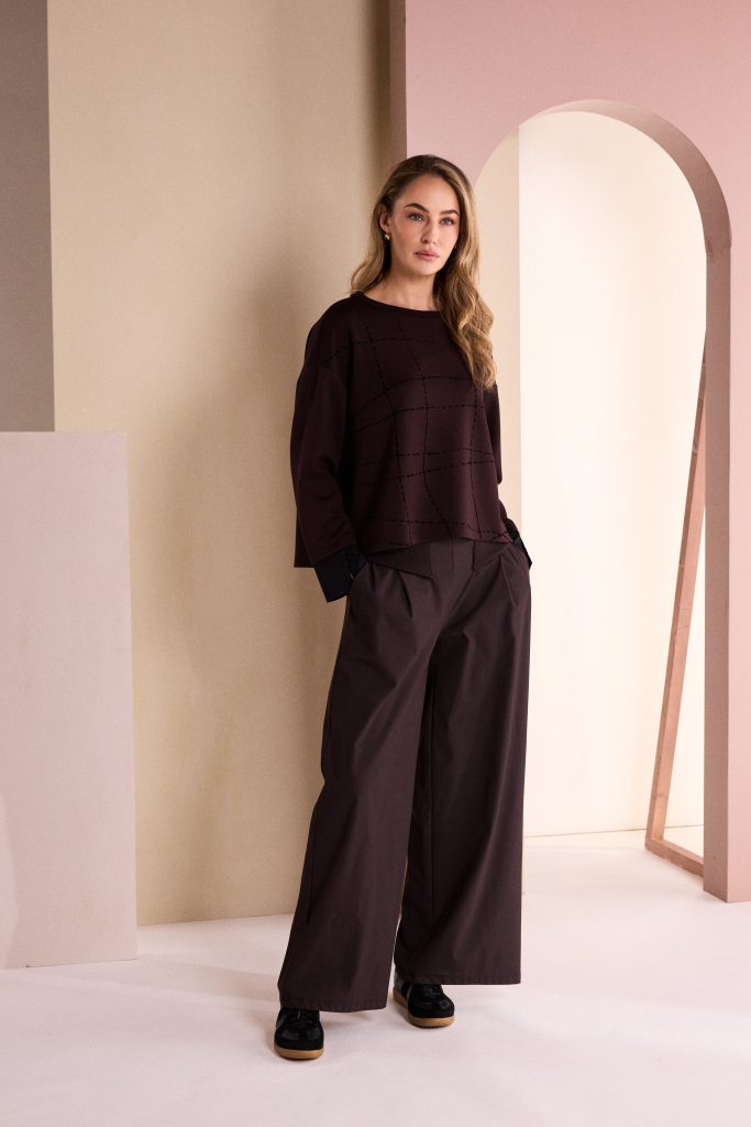 NAYA Round Neck Top With Flocking Stitch Detail NAW26316- black/choko