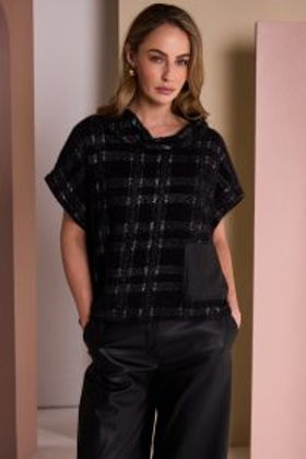 NAYA Check Knit Top With Leatherette Pocket And Zip Detail - black/ grey