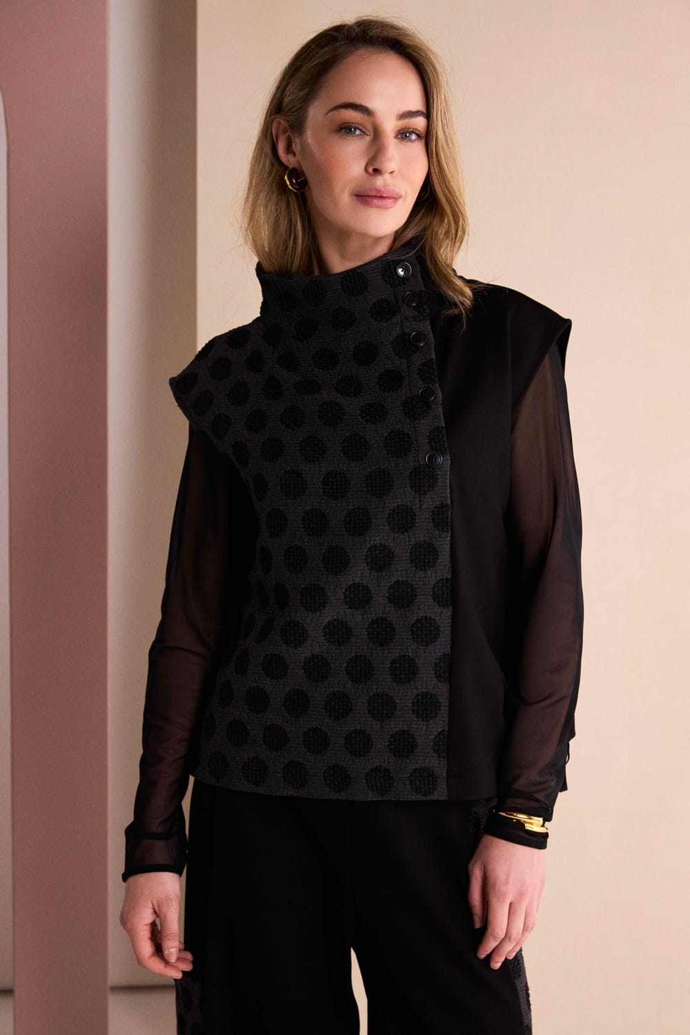 NAYA Sleeveless Top With Spot Jaquard Front Panel With Placket NAW26273 - grey/black