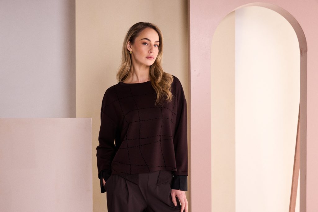 NAYA Round Neck Top With Flocking Stitch Detail NAW26316- black/choko