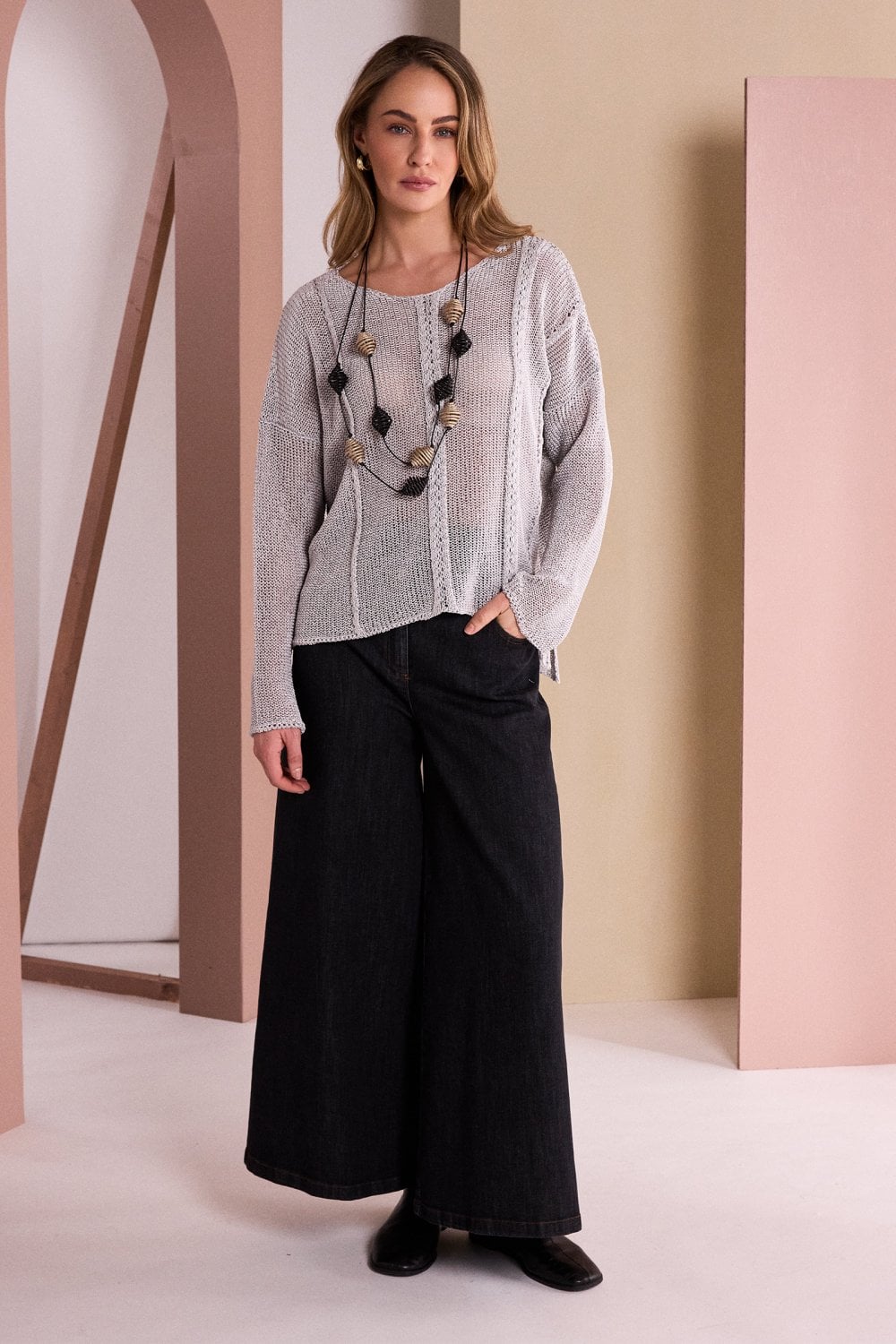 NAYA Round Neck Knit With Cut Away Hem -  silver