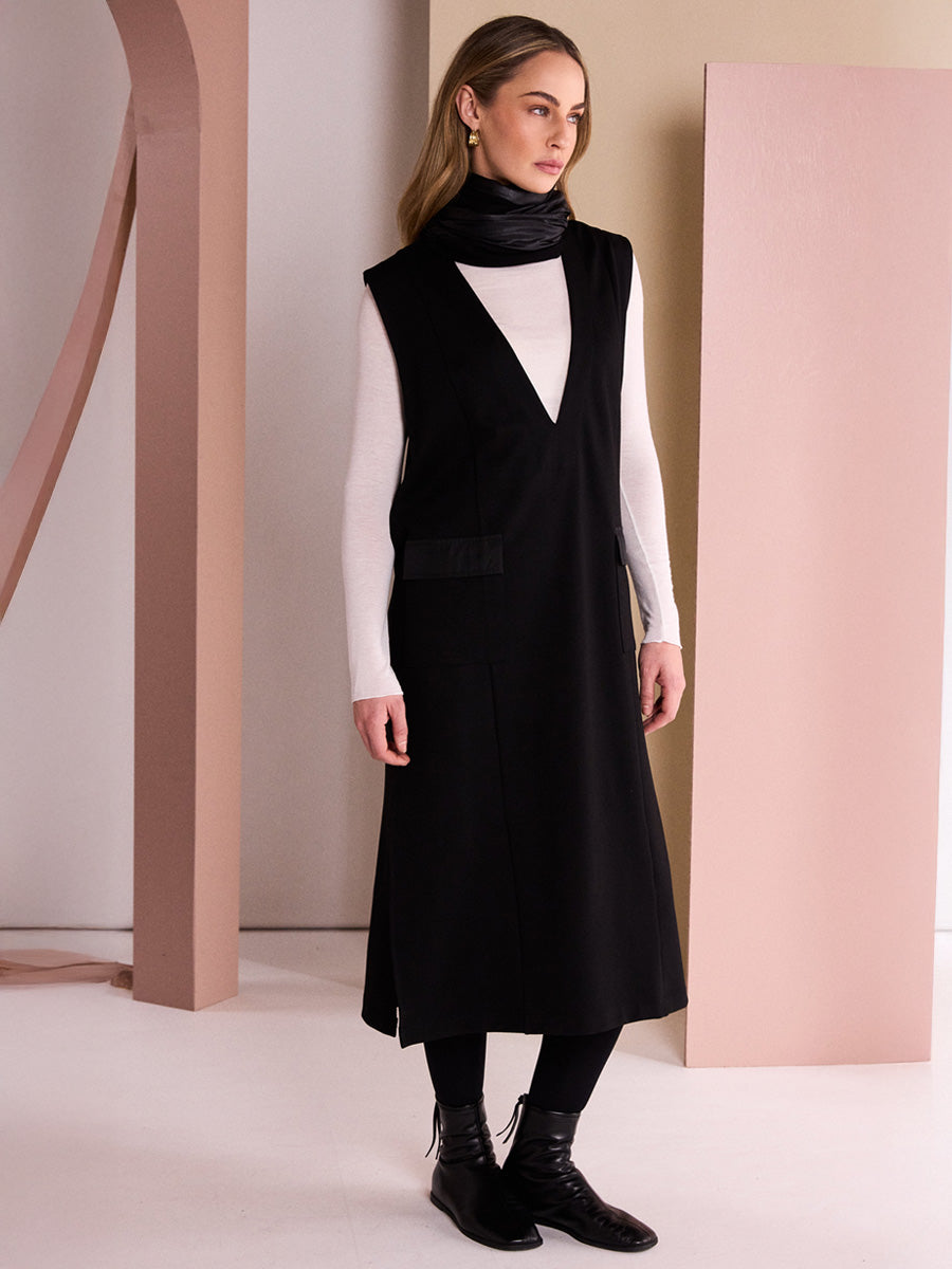 NAYA Sleeveless Pinafore Vee Neck Dress With Pocket Detail - black