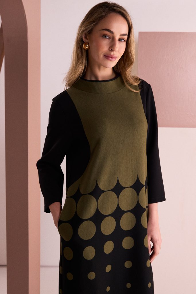 NAYA Spot Border Print High Neck Dress With Contrast Sleeve NAW26268 -black/avacado