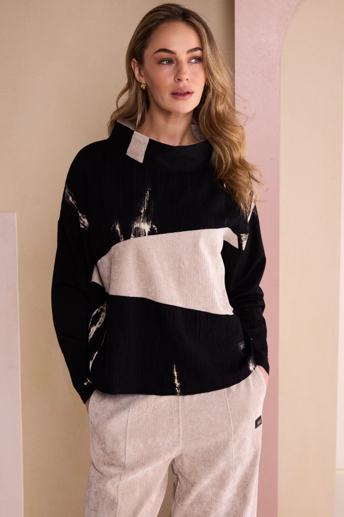 Naya High Neck Top With Corded Angle Section - black/stone