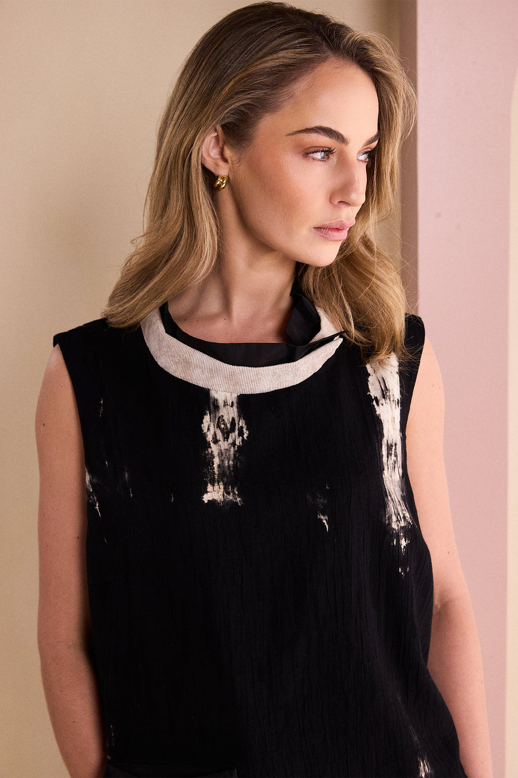 NAYA Sleeveless Placement Print Top WithCordedBand at Neckline NAW26245 - black/stone