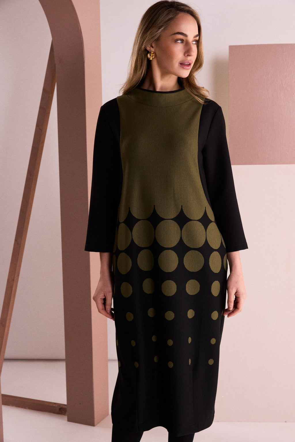NAYA Spot Border Print High Neck Dress With Contrast Sleeve NAW26268 -black/avacado