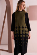 NAYA Spot Border Print High Neck Dress With Contrast Sleeve NAW26268 -black/avacado