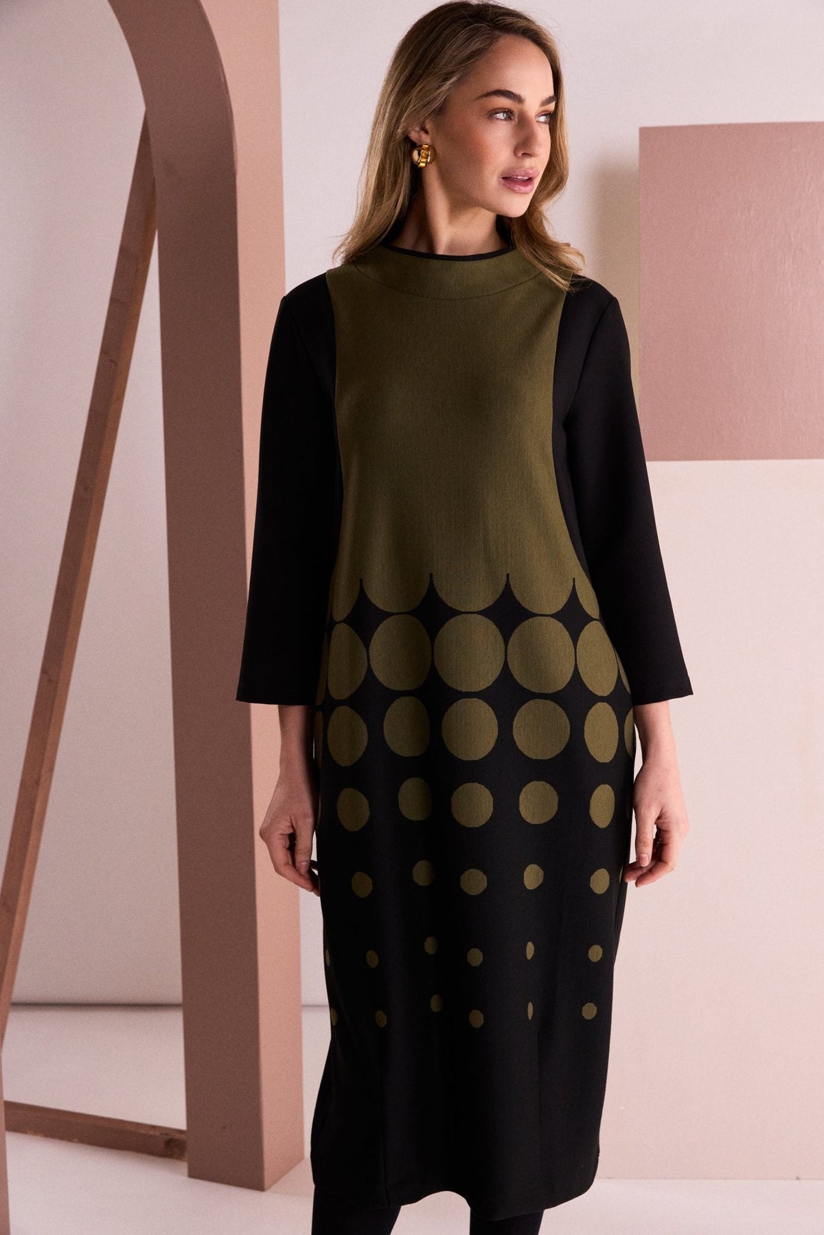 NAYA Spot Border Print High Neck Dress With Contrast Sleeve NAW26268 -black/avacado