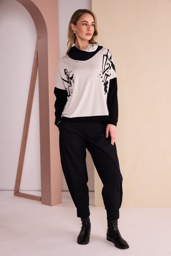 NAYA High Neck Placement Print Knit Top - black/silver
