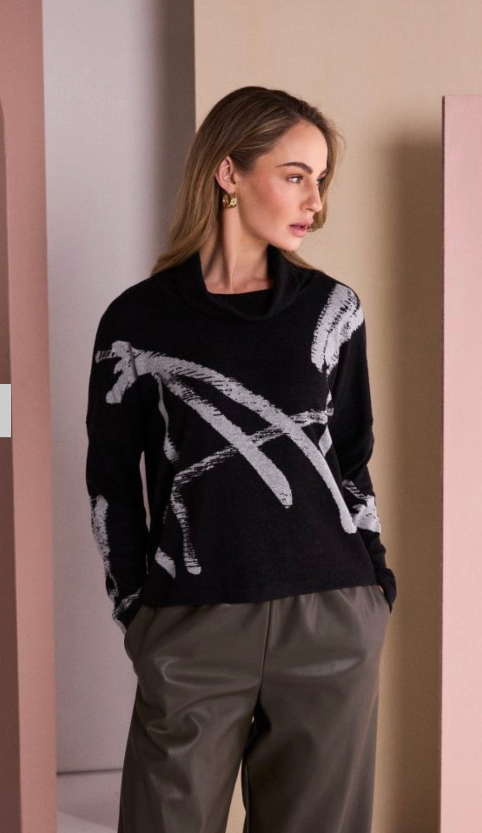 NAYA Brush Stroke Print High Neck Top -black/ silver