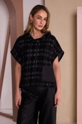 NAYA Check Knit Top With Leatherette Pocket And Zip Detail - black/ grey