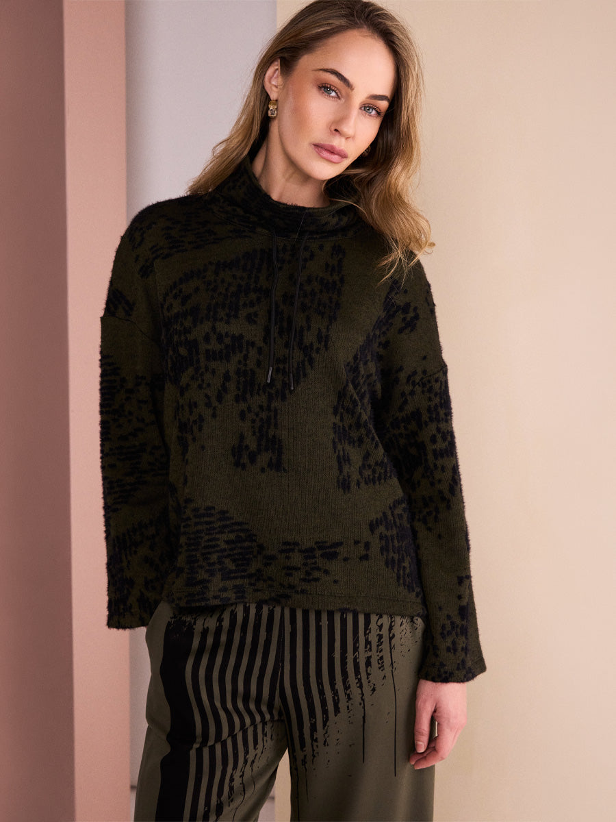 NAYA Flocked Placement Print High NeckKnit Top - black/thyme