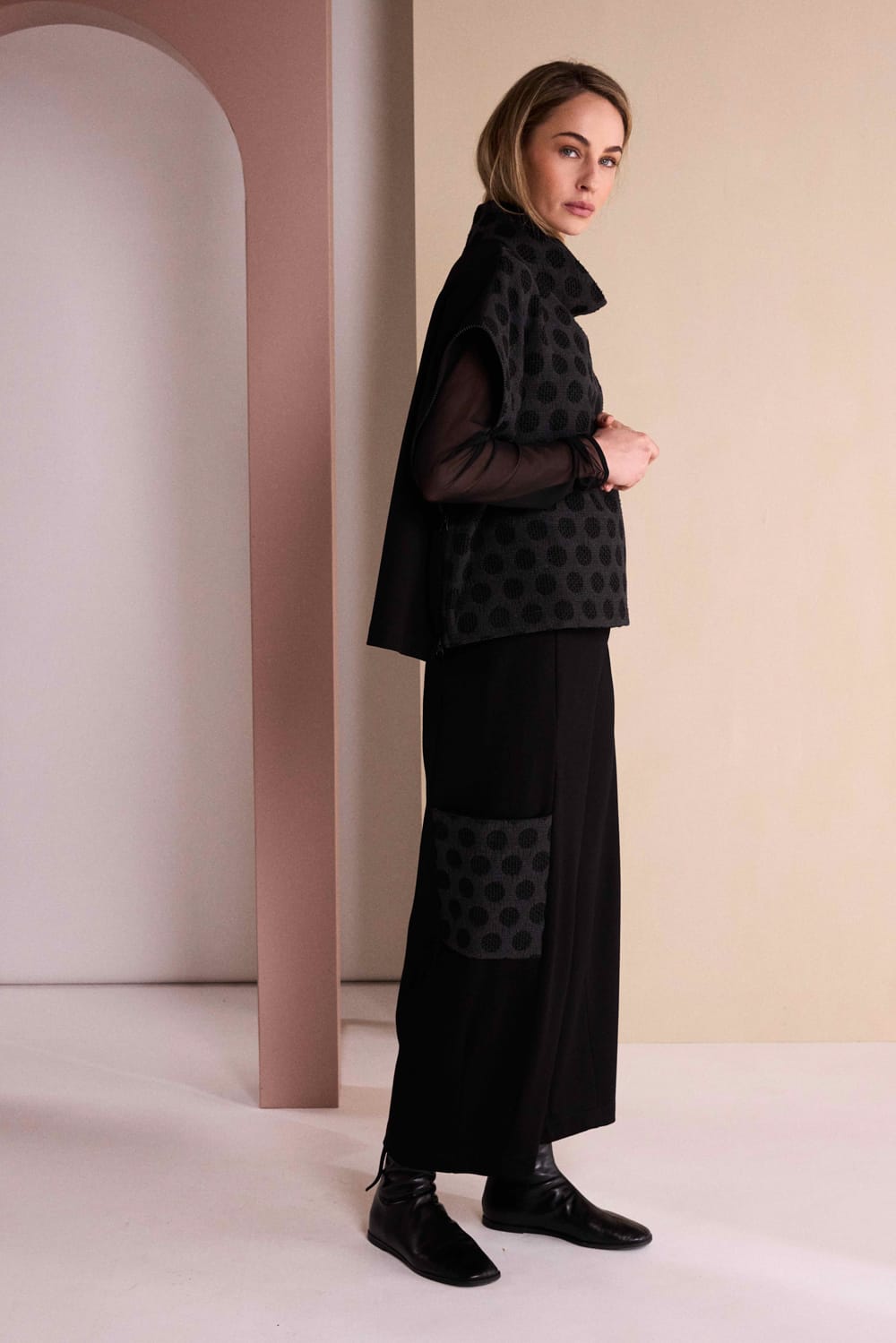 NAYA Wide Leg Trouser With Jaquard Spot Side Panel And Pocket NAW26274- black/grey