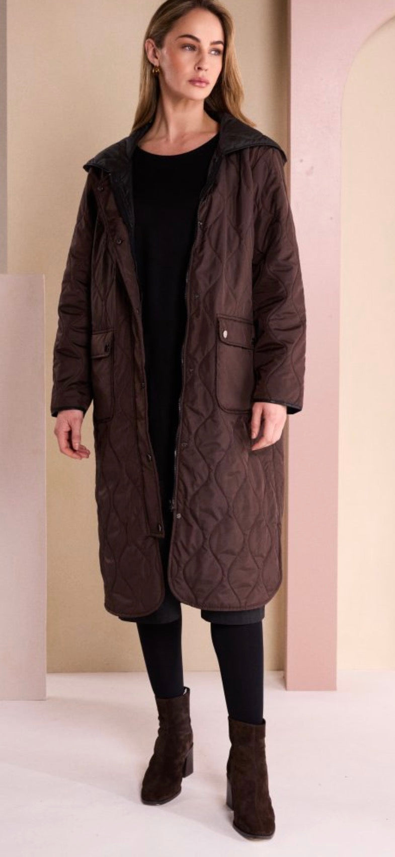 NAYA Padded Coat With Pocket And Stud Detail - choko