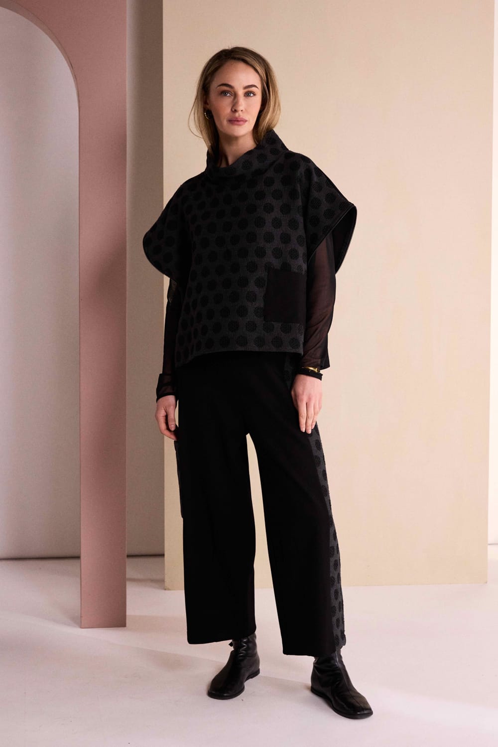 NAYA Wide Leg Trouser With Jaquard Spot Side Panel And Pocket NAW26274- black/grey