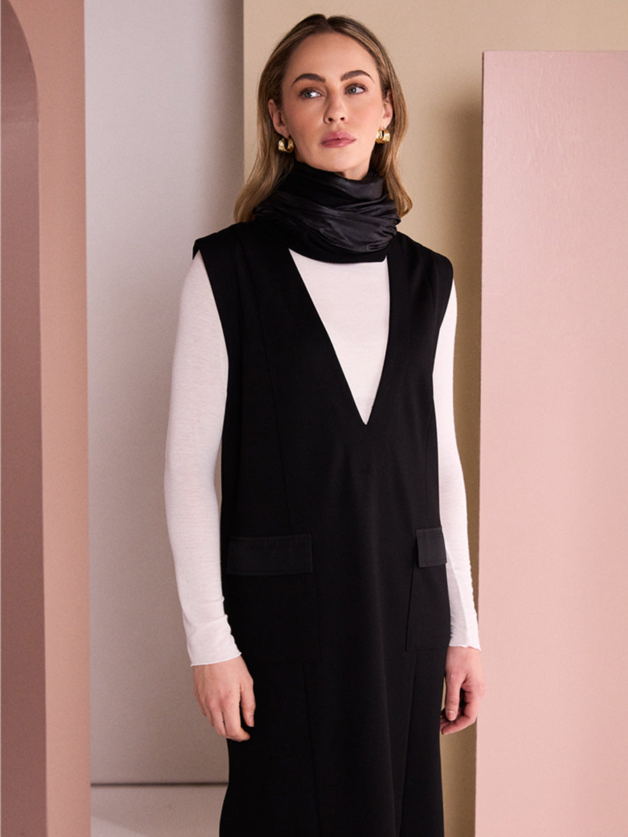 NAYA Sleeveless Pinafore Vee Neck Dress With Pocket Detail - black