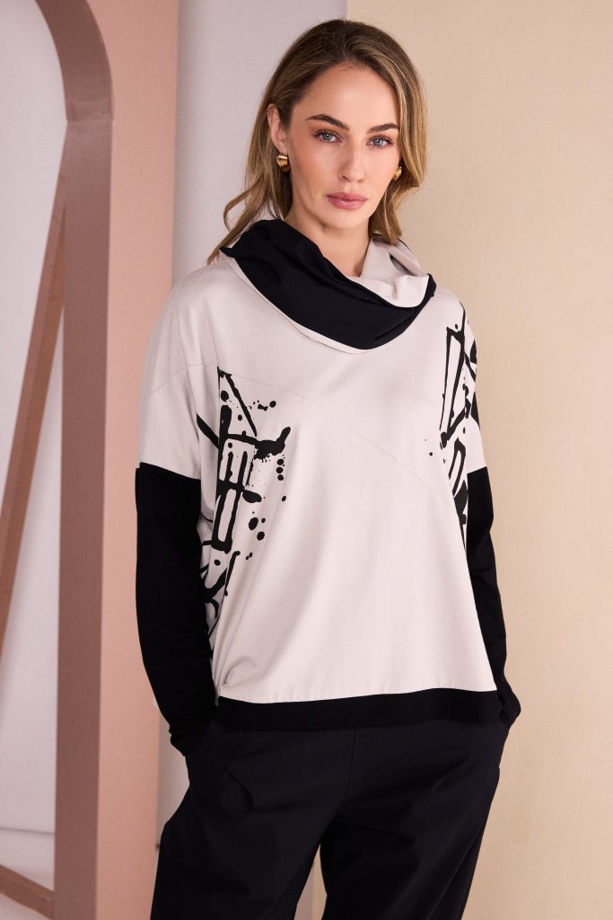 NAYA High Neck Placement Print Knit Top - black/silver
