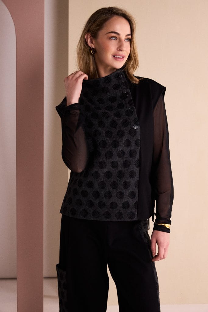 NAYA Sleeveless Top With Spot Jaquard Front Panel With Placket NAW26273 - grey/black