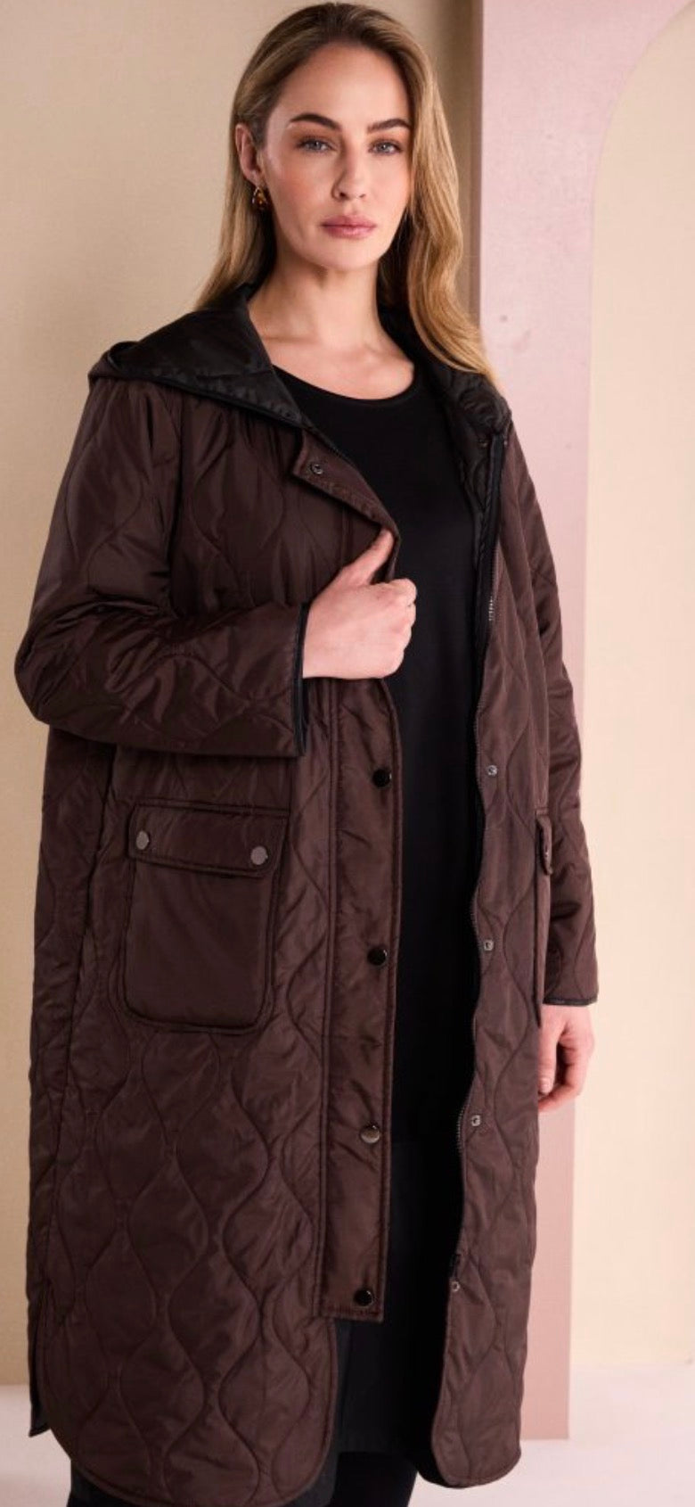 NAYA Padded Coat With Pocket And Stud Detail - choko