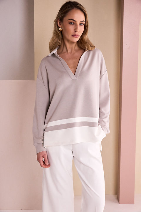 NAYA Placket Top With Collar And Contrast Hem Bands 26134