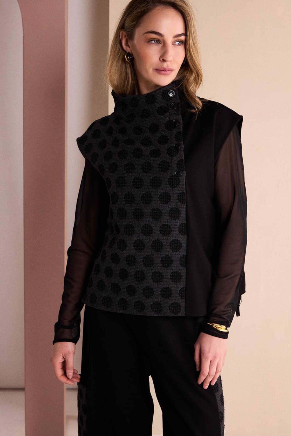 NAYA Sleeveless Top With Spot Jaquard Front Panel With Placket NAW26273 - grey/black