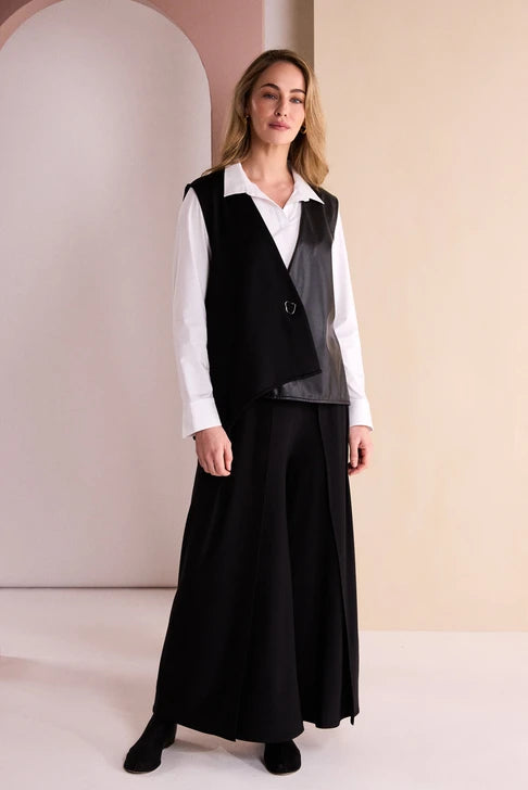 NAYA Waistcoat With Leatherette Panel And Trim Detail And Front - black