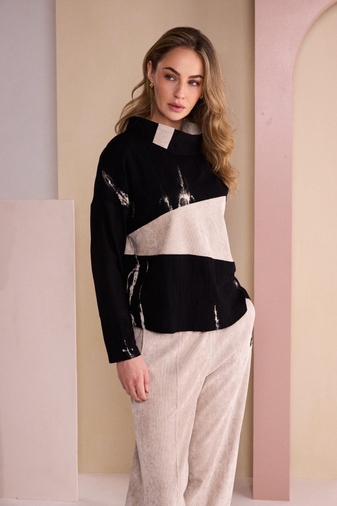 Naya High Neck Top With Corded Angle Section - black/stone