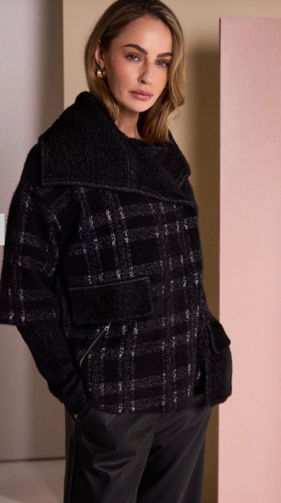 NAYA Check Jacket With Contrast Pocket And Cuff Detail - black/grey