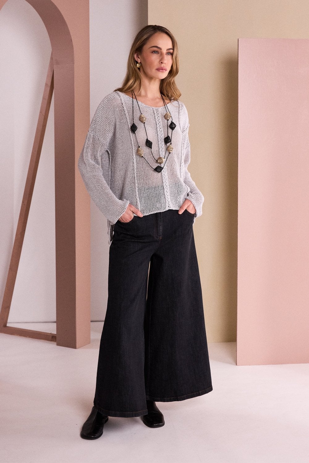 NAYA Round Neck Knit With Cut Away Hem -  silver